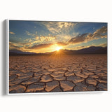 Framed canvas art depicting a serene desert landscape with warm tones of orange and beige, featuring a white frame and side view showcasing its depth. Perfect for modern home decor enthusiasts.