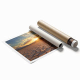 Desert landscape rolled canvas print showcasing vibrant hues of orange and yellow, capturing a serene sunset over sand dunes, perfect for home decor.