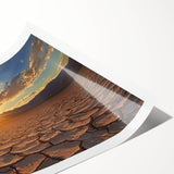 Desert landscape rolled print showcasing vibrant orange and golden hues, featuring rolling sand dunes under a bright blue sky, elegantly packaged in a protective cardboard tube.