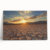 Desert landscape stretched canvas art featuring warm tones of orange and beige, elegantly leaning against a textured wall, perfect for modern home decor.