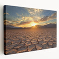 Desert landscape stretched canvas art, showcasing vibrant hues of orange and blue, highlighting a serene sunset over a sandy terrain, perfect for modern home decor.