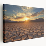 Desert landscape stretched canvas art, showcasing vibrant hues of orange and blue, highlighting a serene sunset over a sandy terrain, perfect for modern home decor.