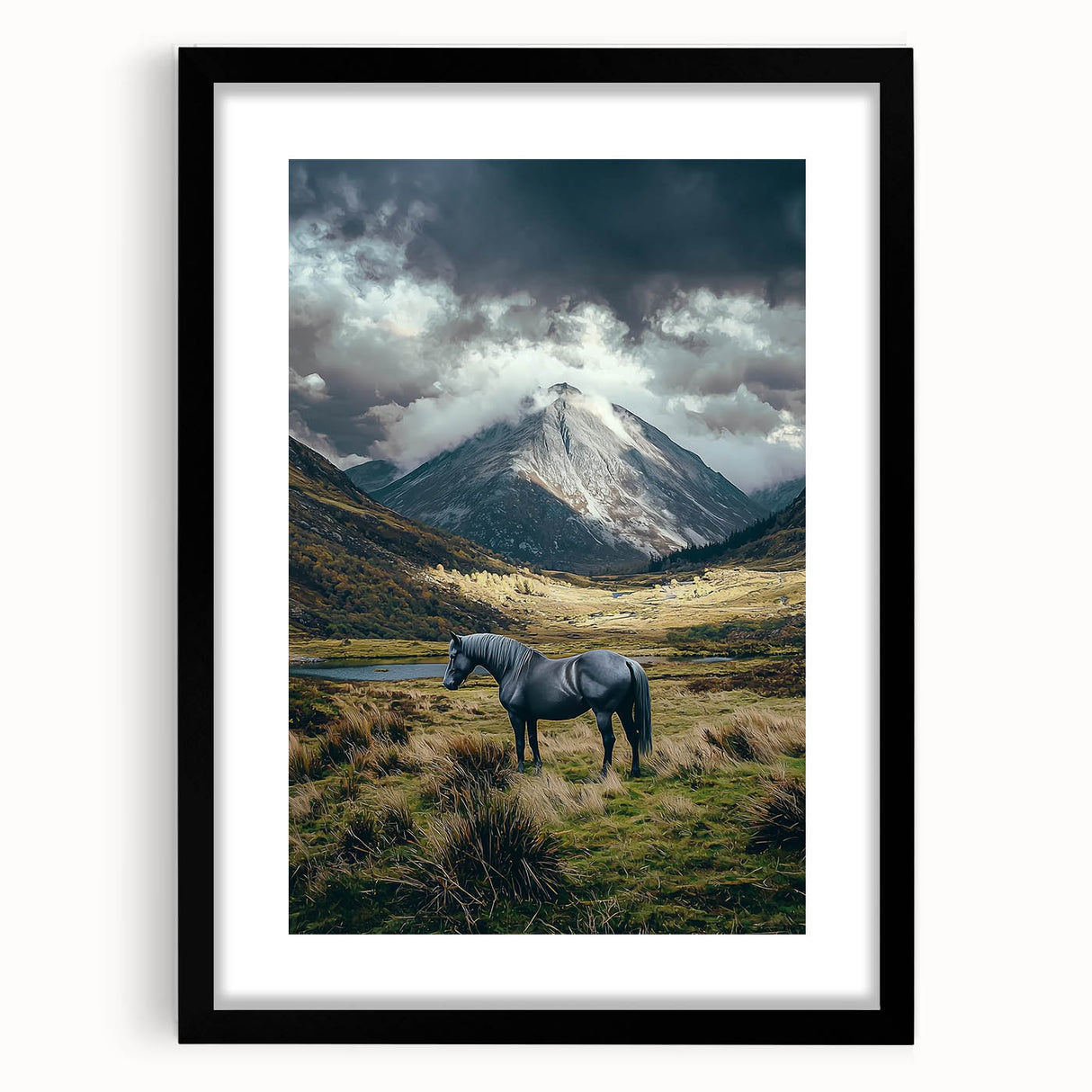 Black-framed landscape artwork featuring vibrant green fields under a clear blue sky, elegantly matted for a polished presentation, perfect for home decor.