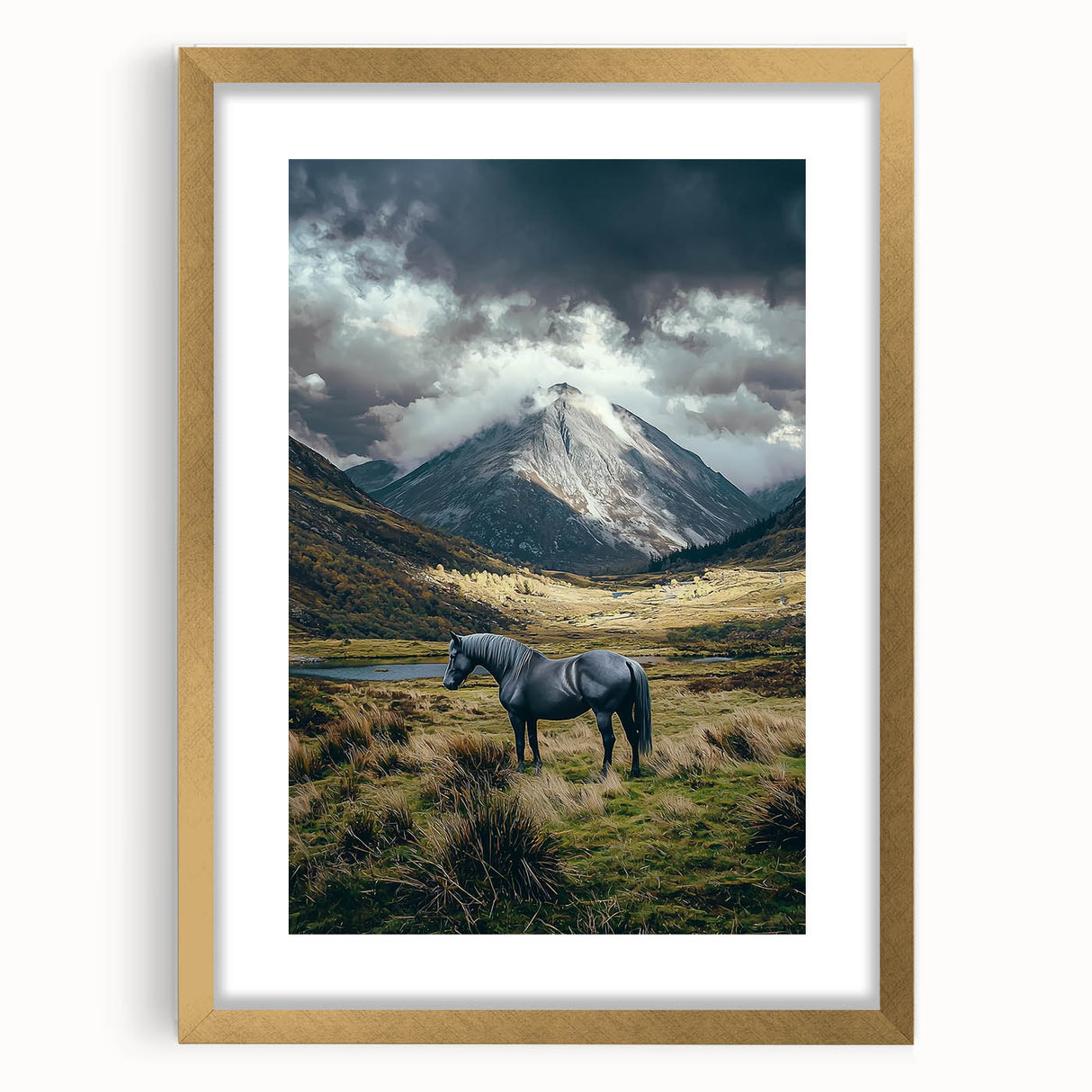 Elegant gold-framed landscape artwork showcasing vibrant fields, set against a soft mat, perfect for enhancing home decor and adding a touch of sophistication.