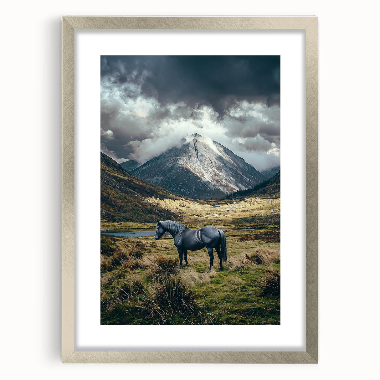Silver-framed landscape artwork featuring vibrant green fields under a clear blue sky, elegantly matted for a sophisticated presentation, ideal for home decor.