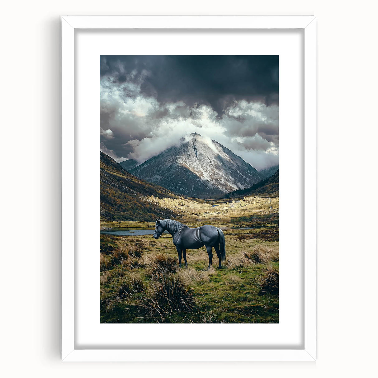 Framed landscape art featuring vibrant green fields and a blue sky, elegantly matted in white for a modern touch, perfect for home decor.