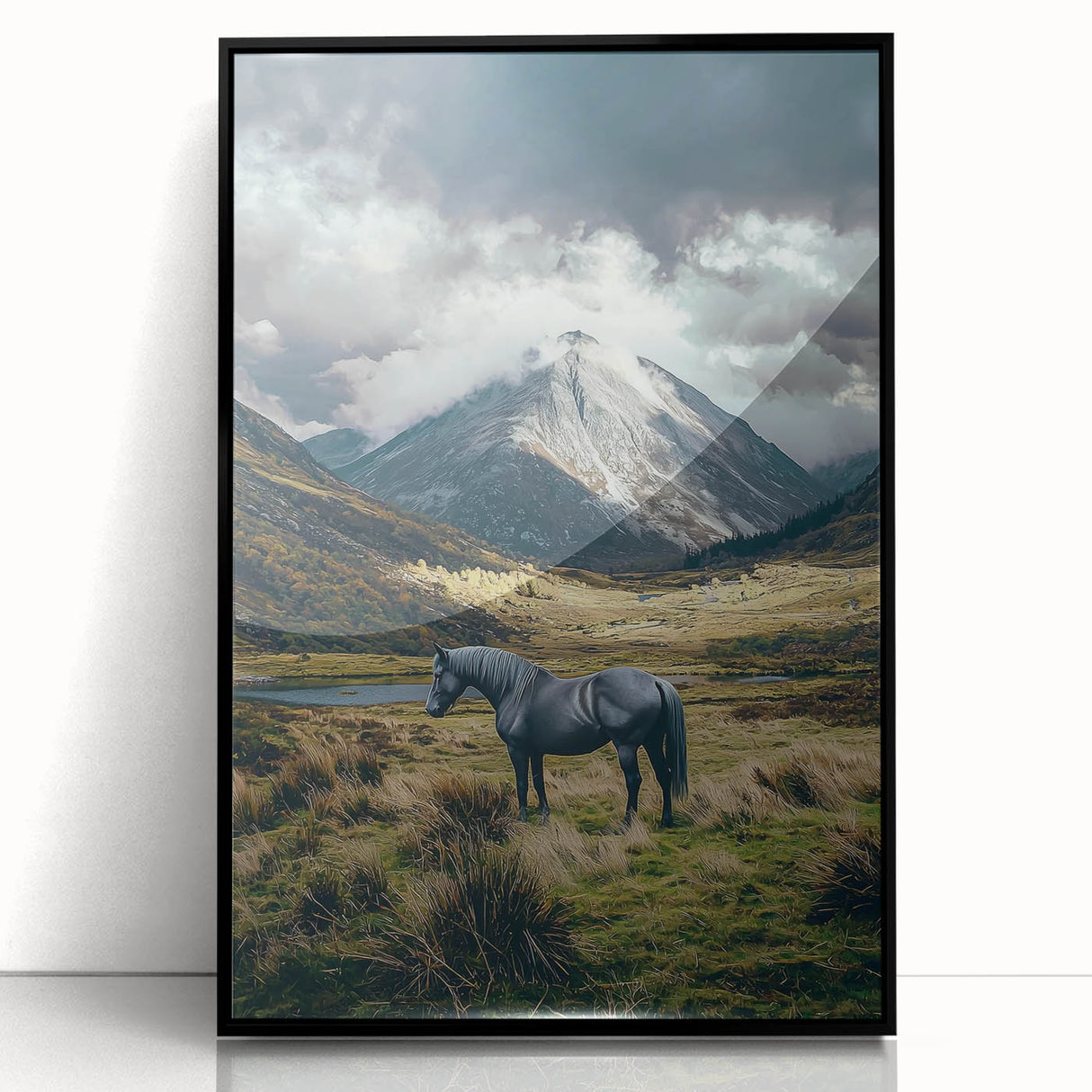 Framed acrylic artwork of vibrant green fields under a blue sky, showcasing a peaceful landscape scene with black framing for a modern touch. Perfect for home decor.