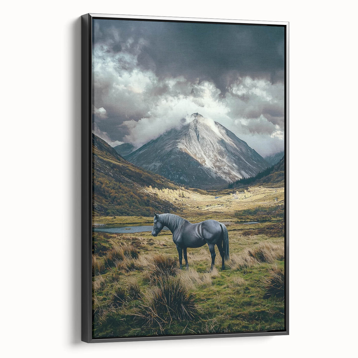 Framed canvas artwork showcasing a vibrant landscape with rolling fields and a black frame, ideal for modern home decor, enhancing interior aesthetics.