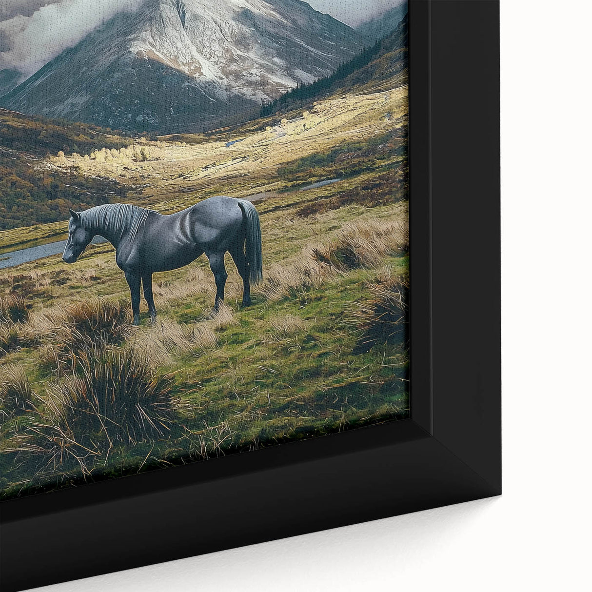 Close-up of a vibrant framed canvas print showcasing a serene landscape with lush green fields under a clear blue sky, ideal for home decor enhancement.