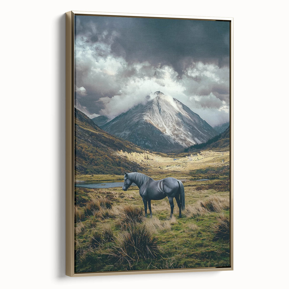 Framed canvas artwork depicting a serene landscape with vibrant green fields and golden accents, showcasing a side view that highlights its elegant design. Perfect for enhancing home decor.