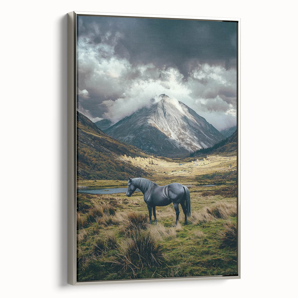 Framed canvas artwork showcasing a serene landscape of golden fields under a bright blue sky, featuring a sleek silver frame for an elegant display. Ideal for enhancing home decor.