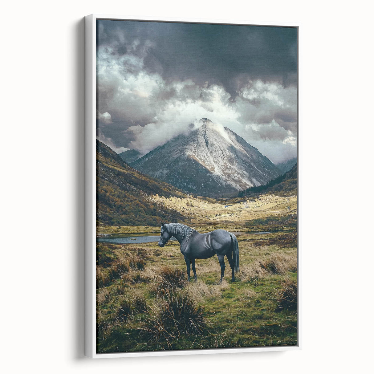 Framed canvas artwork showcasing serene landscapes with lush green fields, presented in a sleek white frame, perfect for home decor enhancement and nature lovers.