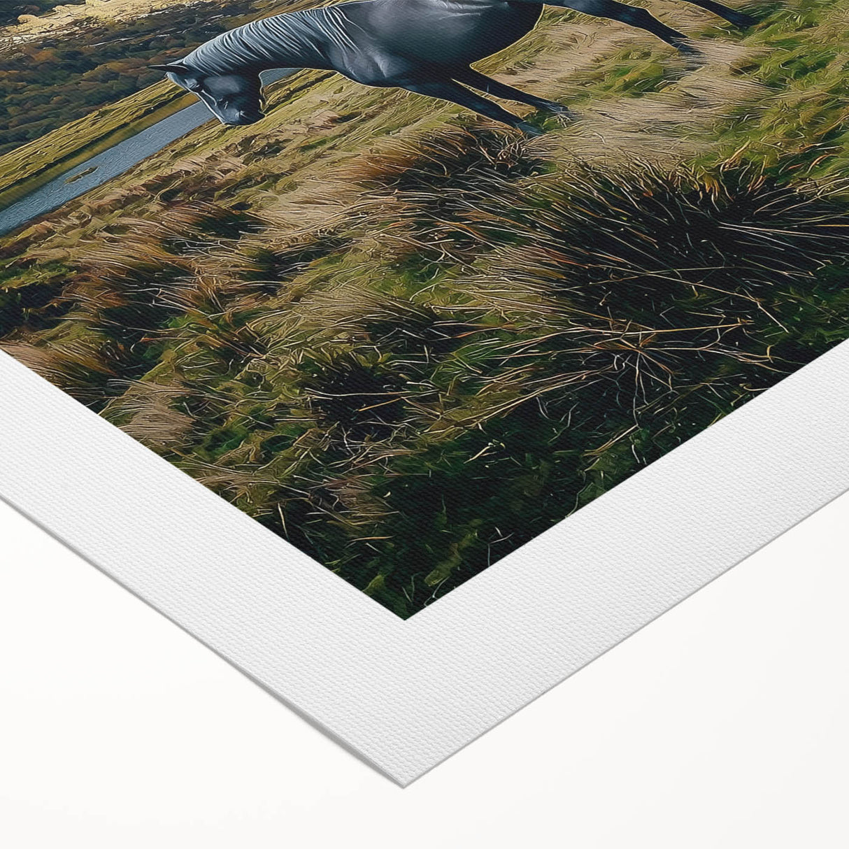 Vibrant rolled canvas showcasing a serene landscape of lush green fields under a clear blue sky, elegantly packaged in a protective cardboard tube for safe shipping.