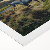 Vibrant rolled canvas showcasing a serene landscape of lush green fields under a clear blue sky, elegantly packaged in a protective cardboard tube for safe shipping.