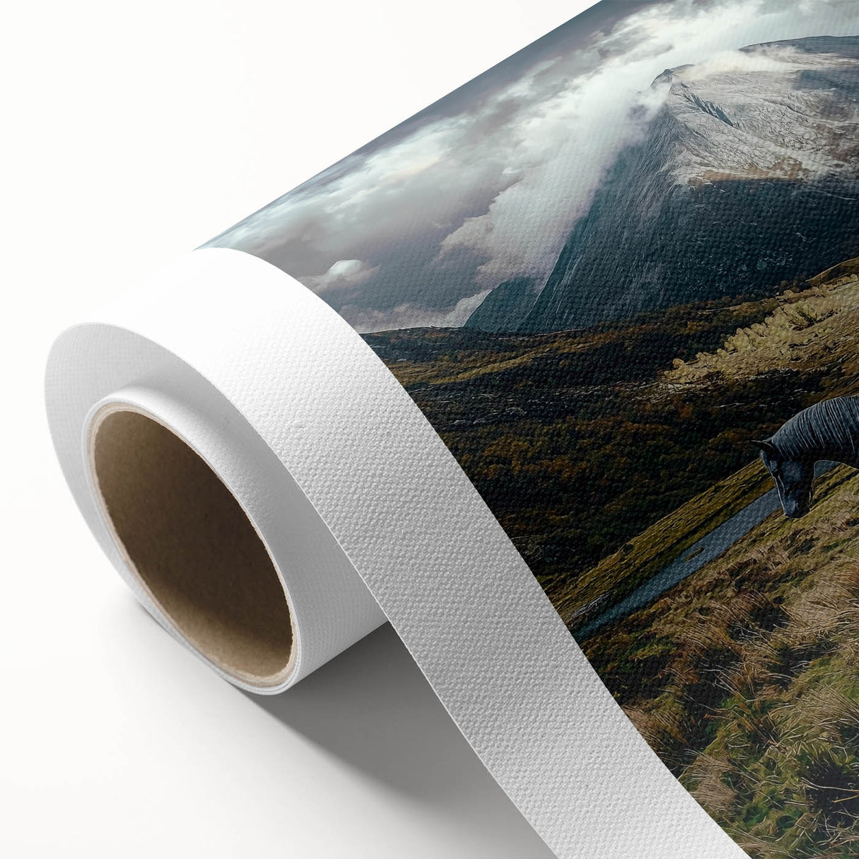 Vibrant rolled canvas showcasing a serene landscape with lush green fields under a clear blue sky, elegantly packaged in a protective cardboard tube. Ideal for home decor.