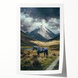Vibrant rolled canvas print showcasing a picturesque landscape with lush green fields under a clear blue sky, elegantly packaged in a protective cardboard tube.