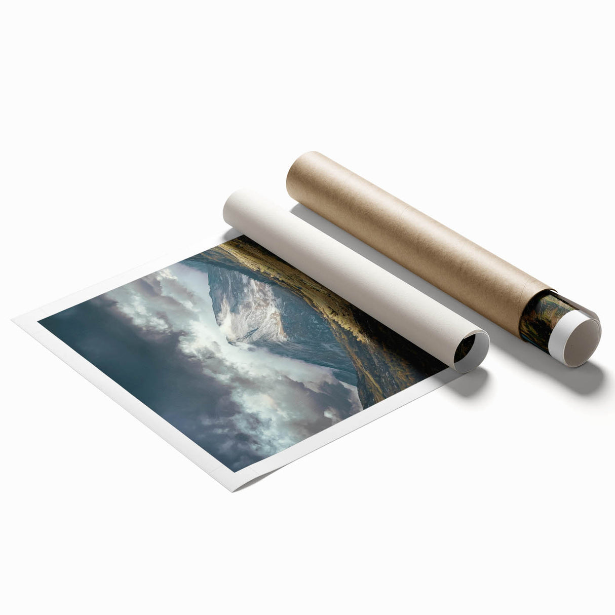 Vibrant rolled canvas print showcasing a serene landscape featuring lush green fields under a clear blue sky, elegantly packaged in a protective cardboard tube.