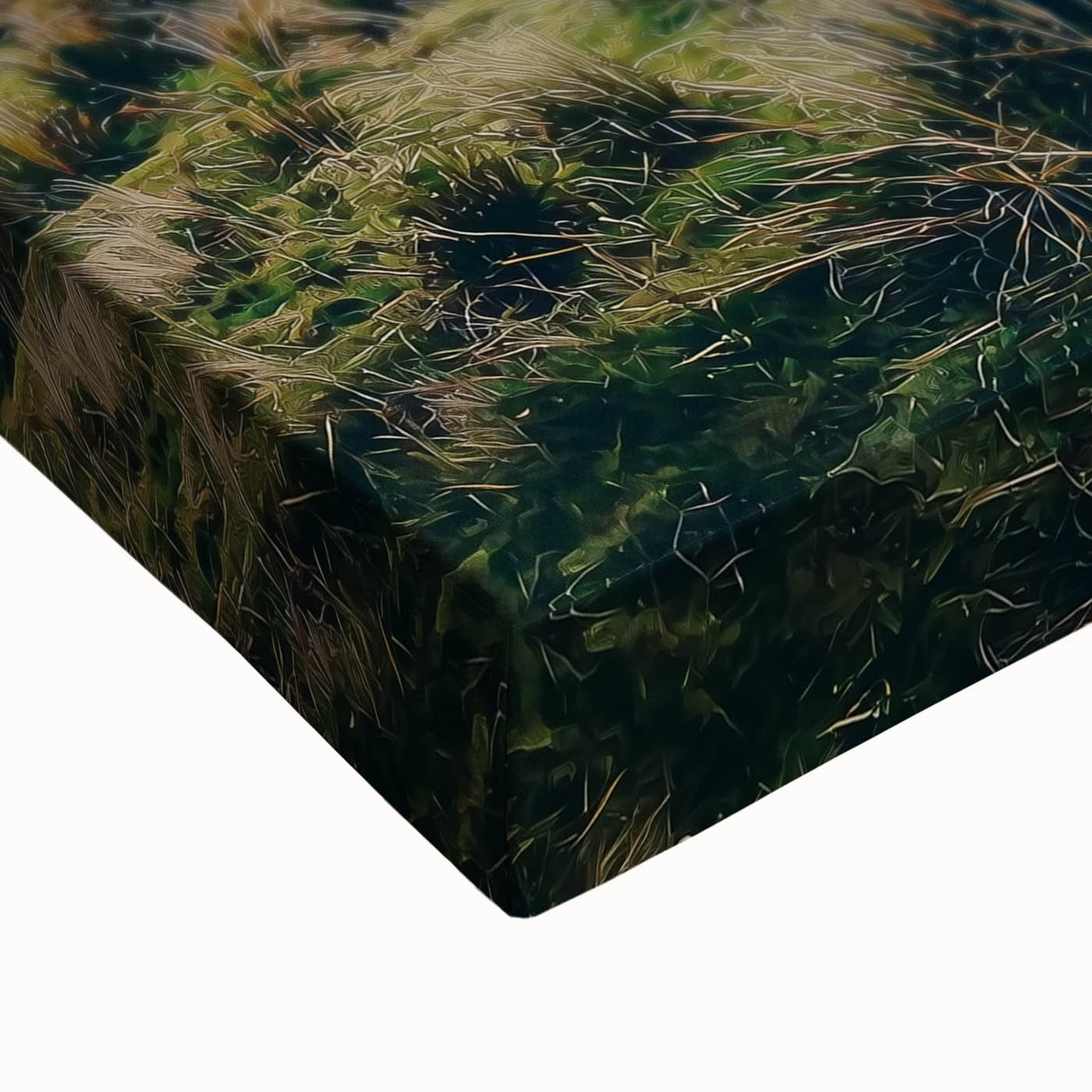 Close-up of a vibrant stretched canvas showcasing a serene landscape with lush green fields and a bright blue sky, perfect for home decor. Ideal for nature lovers.