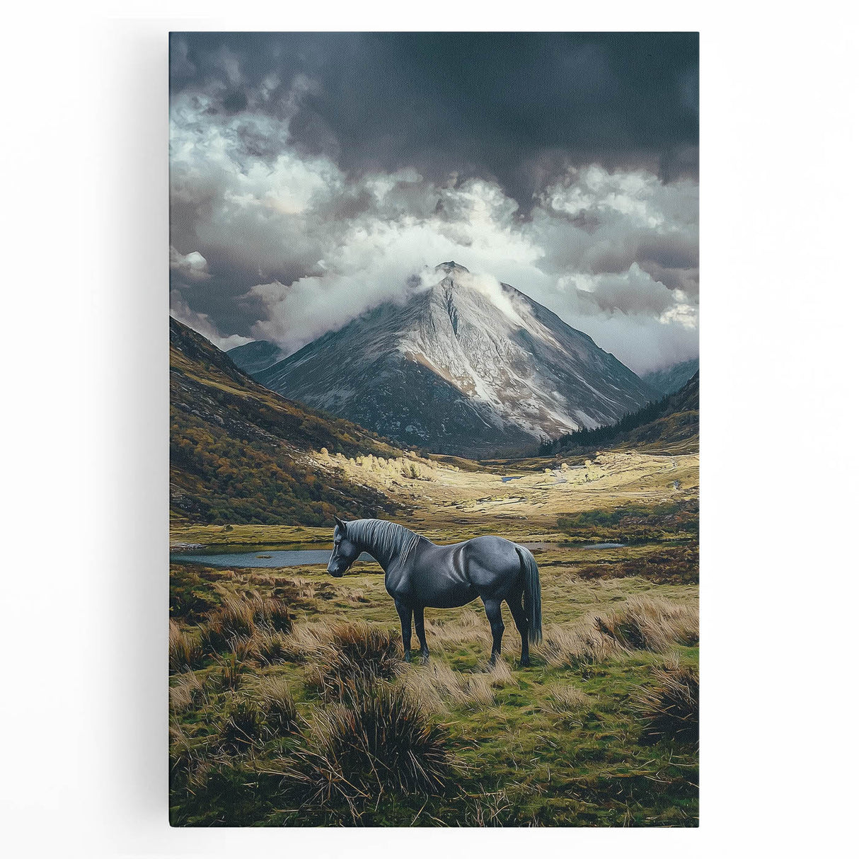 Stretched canvas artwork depicting a serene landscape with vibrant green fields under a blue sky, perfect for enhancing home decor. Ideal for nature lovers.