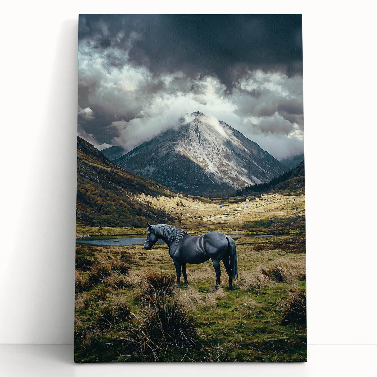 Stretched canvas artwork showcasing vibrant, abstract landscape fields in rich greens and yellows, elegantly leaning against a neutral wall, perfect for modern home decor.