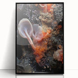 Large abstract wall art featuring organic shapes in black and white, framed in acrylic, suitable for modern decor.