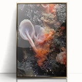 Large art print of natural close-ups in gold frame, mid-century modernist style, suitable for modern nursery decor.