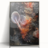 Mid-century modernist art depicting natural elements in muted earth tones, framed in silver acrylic.