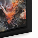 Close-up of textured black wall art with colorful abstract elements on a framed canvas, suitable for living room decor.