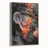 Framed canvas featuring a close-up of natural elements in black with colorful accents.