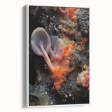 Vintage poster art featuring a close-up of natural elements, in a black and white color palette on a framed canvas.