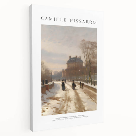 Side view of a stretched canvas featuring a Camille Pissarro-inspired impressionist painting of a pastoral scene.