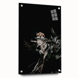 Large abstract wall art on acrylic glass depicting fall seasons in warm orange and yellow tones, ideal for dining room decor.