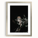 Textured abstract art print featuring warm autumnal hues on a silver-framed canvas, suitable for bedroom decor.