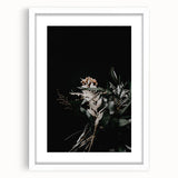 Abstract art print featuring swirling autumnal hues on a white framed canvas, suitable for bedroom or dining room decor.