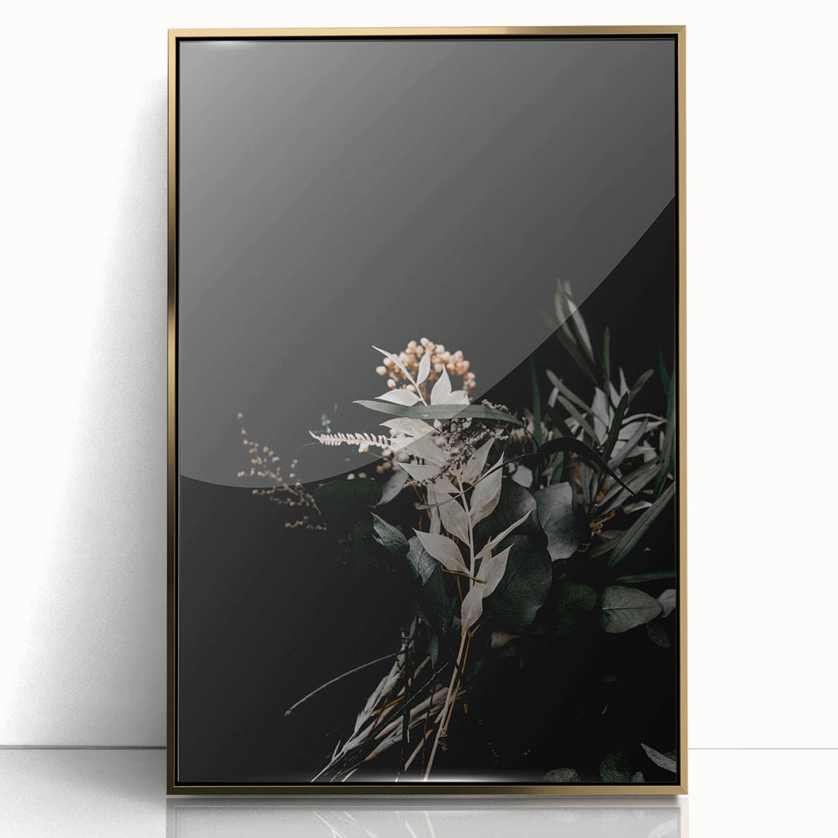 Large art print of a mid-century modernist autumnal scene in gold and orange tones, acrylic framed.