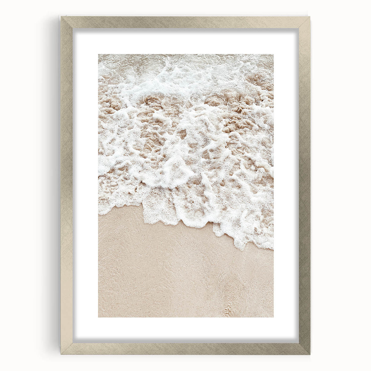 Textured art depicting an abstract summer scene in muted orange and blue tones on a silver-framed mat.
