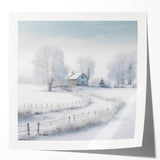 Winter scene with snow-covered trees in soft gray and white tones on a large canvas, suitable for dining room wall art.