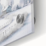 Winter scene on large acrylic glass, featuring muted blue and white tones, suitable for bedroom or dining room art.