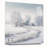 Winter-themed large abstract wall art on acrylic glass, showcasing cool blue and white tones, ideal for dining room decor.