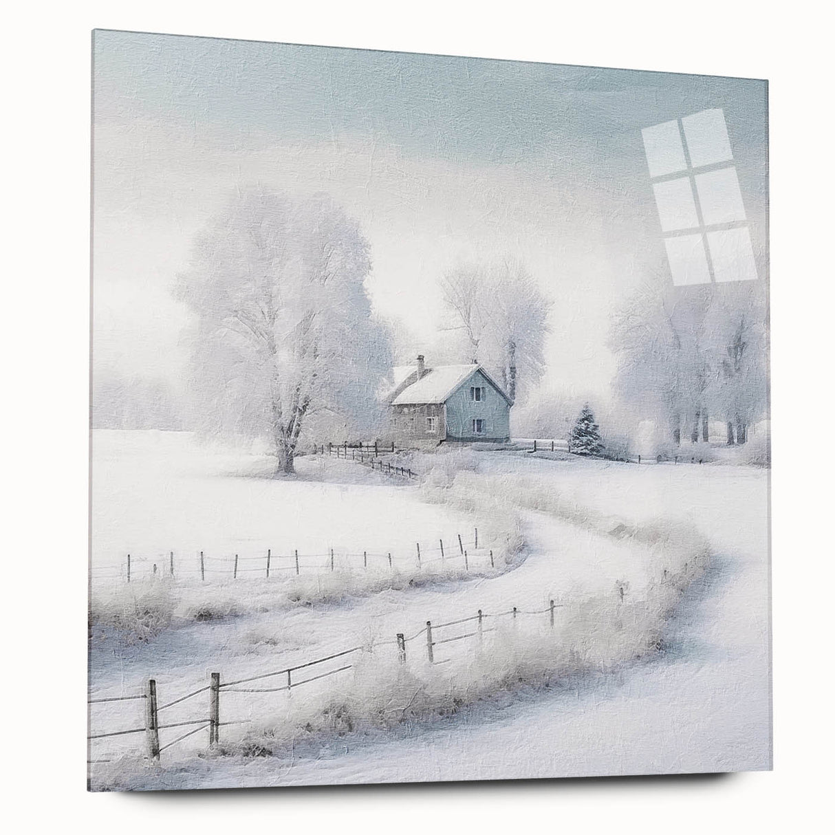 Large abstract wall art depicting a winter scene in muted blues and whites on acrylic glass, ideal for dining room ambiance.