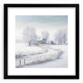 Abstract art print depicting a textured, colorful winter scene on a large canvas, framed in black.