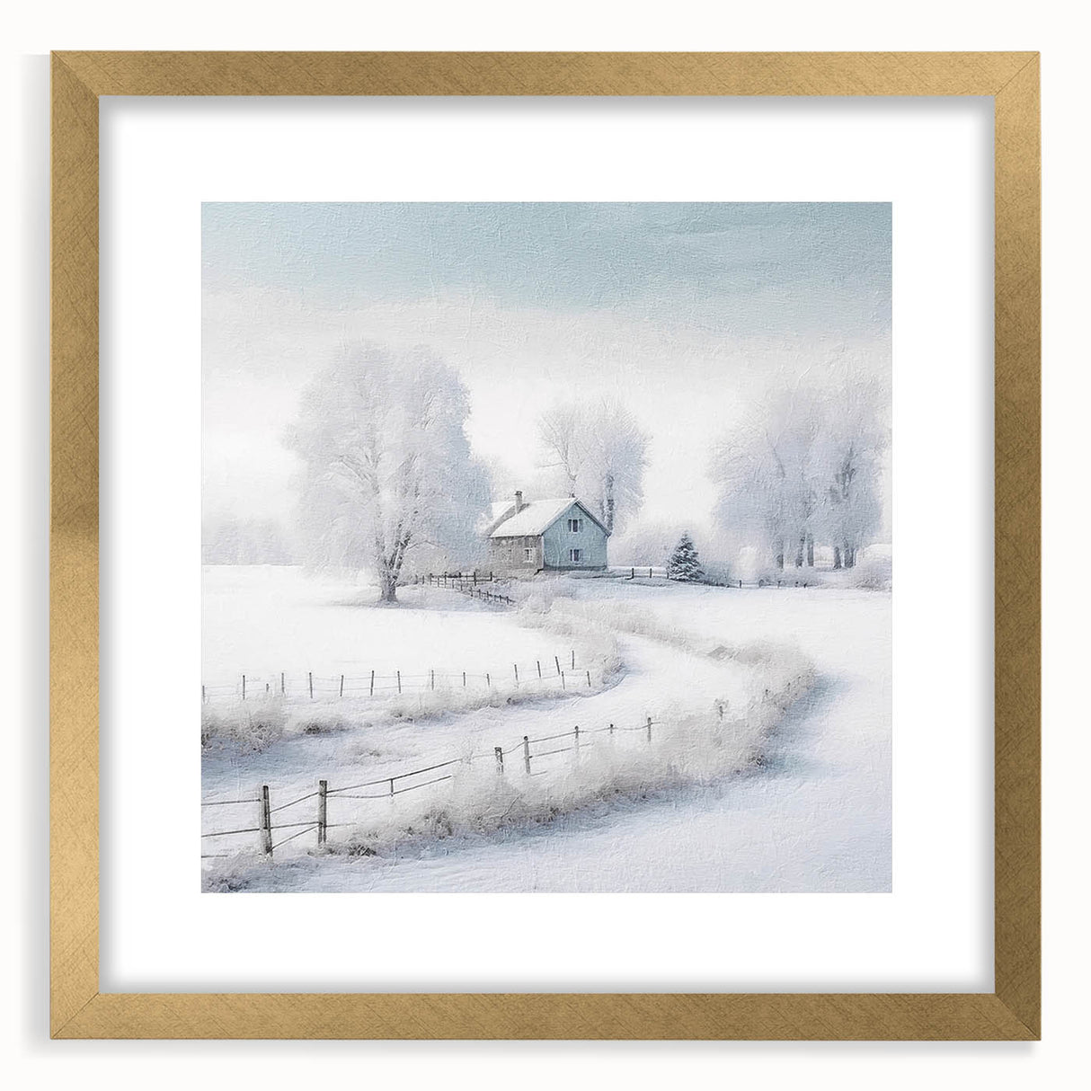 Abstract winter scene in textured white and blue on a large canvas, framed in gold, ideal for living room decor.