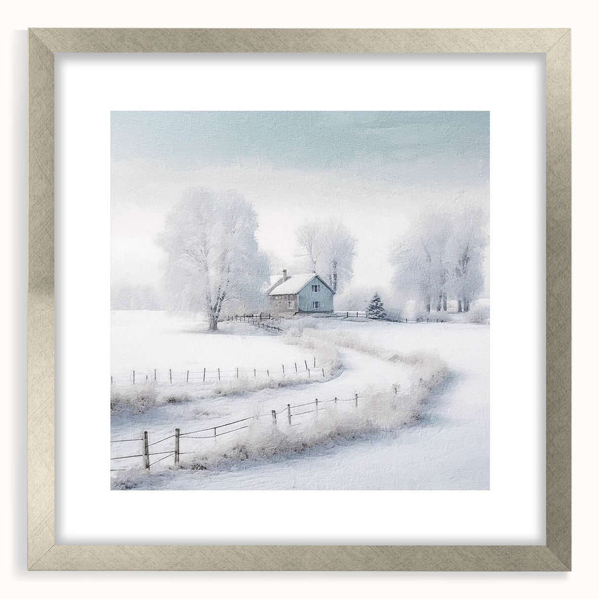 Textured abstract art print depicting a winter scene in muted blue and white tones, framed in silver.