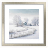 Textured abstract art print depicting a winter scene in muted blue and white tones, framed in silver.