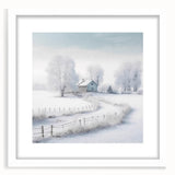 Abstract art print depicting a winter scene in muted blue and white tones, framed with a white mat.
