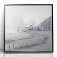 Large abstract wall art depicting a winter scene in muted blue and white tones, framed in black acrylic.