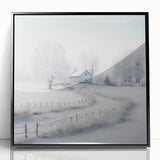 Large abstract wall art depicting a winter scene in muted blue and white tones, framed in black acrylic.