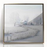 Framed acrylic print of a winter scene with muted blue and white tones, ideal for modern nursery wall art.