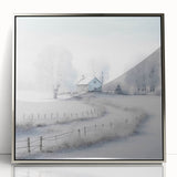 Mid-century modernist winter scene in muted blue and white tones, acrylic print framed in silver.