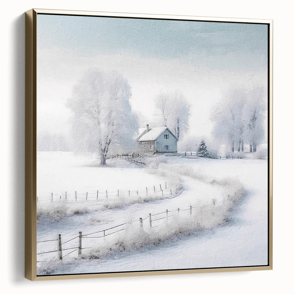 Winter landscape painting on framed canvas, featuring a snowy scene in silver and gold tones, ideal for bedroom decor.